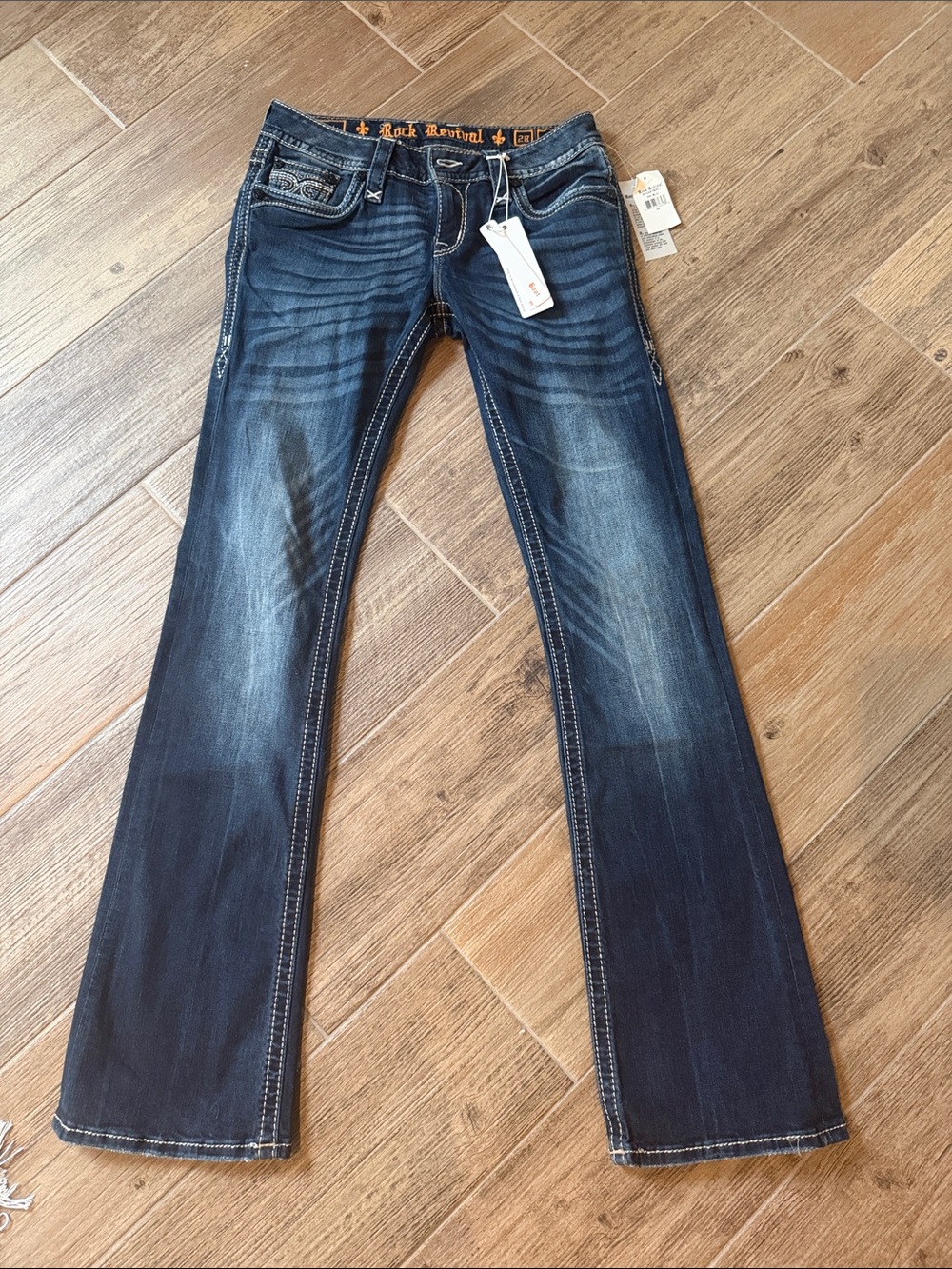 Women’s Rock Revival breeda Dark Blue Bootcut Jeans with Whiskering size 28